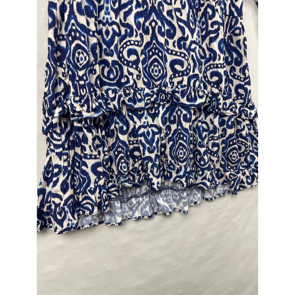 Zara Mini Dress Womens Medium Blue White Ikat Damask Ruffle Balloon Sleeve Boho - Picture 10 of 11